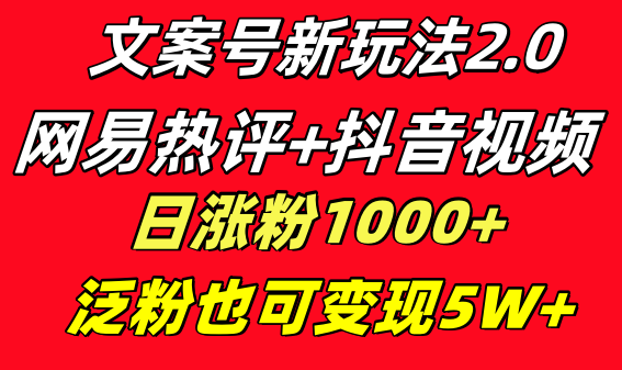 文案号新玩法 网易热评+抖音文案 一天涨粉1000+ 多种变现模式 泛粉也可变现-舒阳传媒网